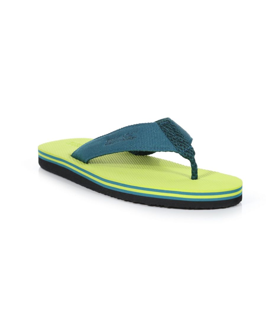 50% Ethylene-vinyl Acetate, 50% Textile. Flip flops with toe post design for easy wear and removal. Air mesh upper for breathability and comfort. Lightweight and cushioned EVA sole unit. Ideal for outdoor use on hot days. Wipe clean.
