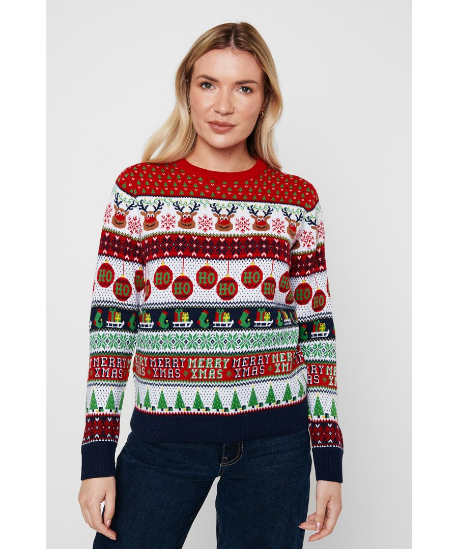 Time to get ready for a winter wonderland with this fun Christmas jumper, part of the Threadbare family range. The jumper features all over Christmas inspired fairisle pattern, drop shoulder, ribbed crew neck, cuffs and hem. Get the whole family involved for some Christmas fun with matching jumpers which also come in men's and kids. Other matching loungewear and jumper designs available.
