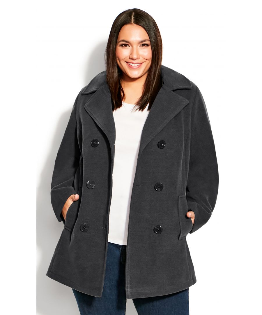 Layer in style with the Faux Wool Peacoat. Perfect for work or weekends, this must-have coat features functional pockets and a removable hood. Key Features Include: - Lapel collar neckline - Full length sleeves - Double breasted button closure - Functional slash front pockets - Button removable hood - Partially lined - Faux wool finish - Hip length longline hemline