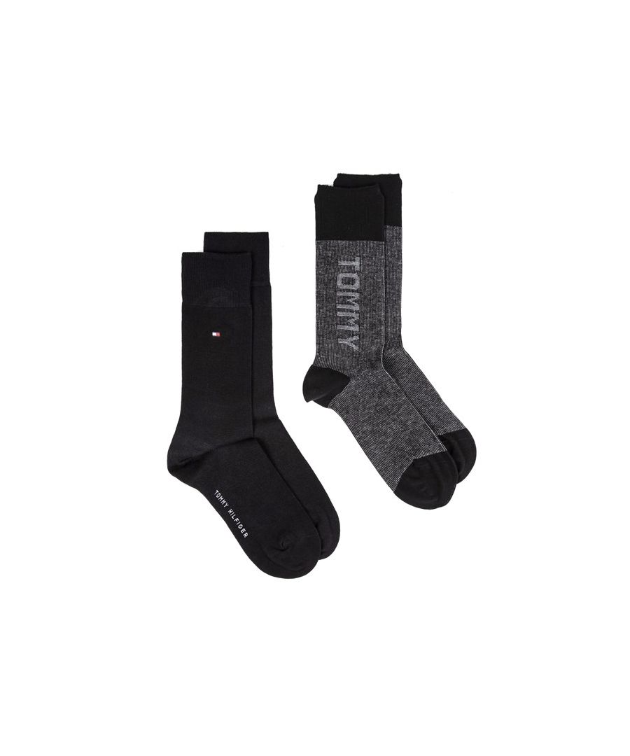 Mens black Tommy Hilfiger 2 pack casual socks, manufactured with cotton. Featuring: twin pack, woven branding, medium fits uk 6-8 and large fits uk 9-11.