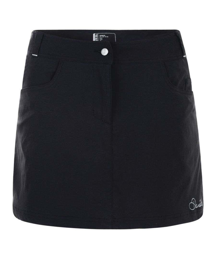 Showerproof skort with stretch short underlayer. Zip and button front fastening. Multiple pockets. Nylon/elastane stretch fabric. Water repellent finish. Dare 2B Womens Trousers Sizing (waist approx): 6 (22in/56cm), 8 (24in/61cm), 10 (26in/66cm), 12 (28in/71cm), 14 (30in/76cm), 16 (32in/81cm), 18 (34in/86cm), 20 (36in/92cm).