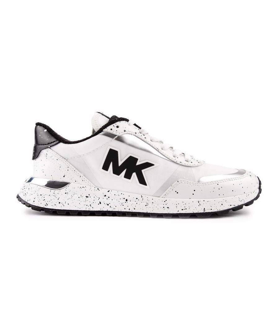 This Michael Kors Bolt Trainer Is The Ultimate In Stylish Comfort. Featuring A White Mixed Upper With Patent And Branding Details And An Eye-catching Design, These Designer Shoes Have Beautiful Branded Black And Silver Detailing And Signature Mk-logo On The Side For A Stand Out Smart-casual Fashion Look.