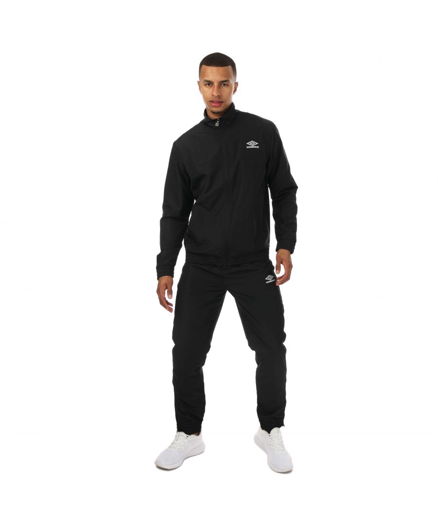 Mens Umbro Diamond Woven Poly Tracksuits in black.- Jackets:- Reverse coil zip puller.- Side slip pockets.- Zip fastening.- Contrast sleeve & front panel.- Elasticted cuff and hem.- 100% Polyester.- Bottoms:- Grown on waistband with inner drawcords.- Slide slip pockets.- Contrast panels to leg.- Transfer print to leg.- Elasticted cuff.- Zips to side leg.- Slim fit.- 100% Polyester.- Ref: UMJM0639OG2BLK