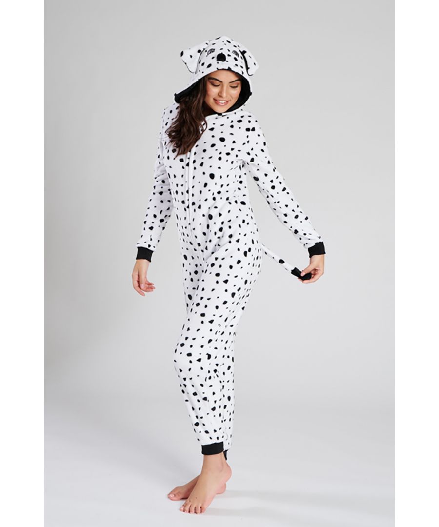 Spot the cosy nightwear! Stay snug this season in this super fun Yumi Dalmation Onesie. A supersoft, luxury fleece item you won't want to take off. Comes with a hood, complete with ears and nose, plus cute tail to match. This all-in-one is perfect paired with fluffy slippers.