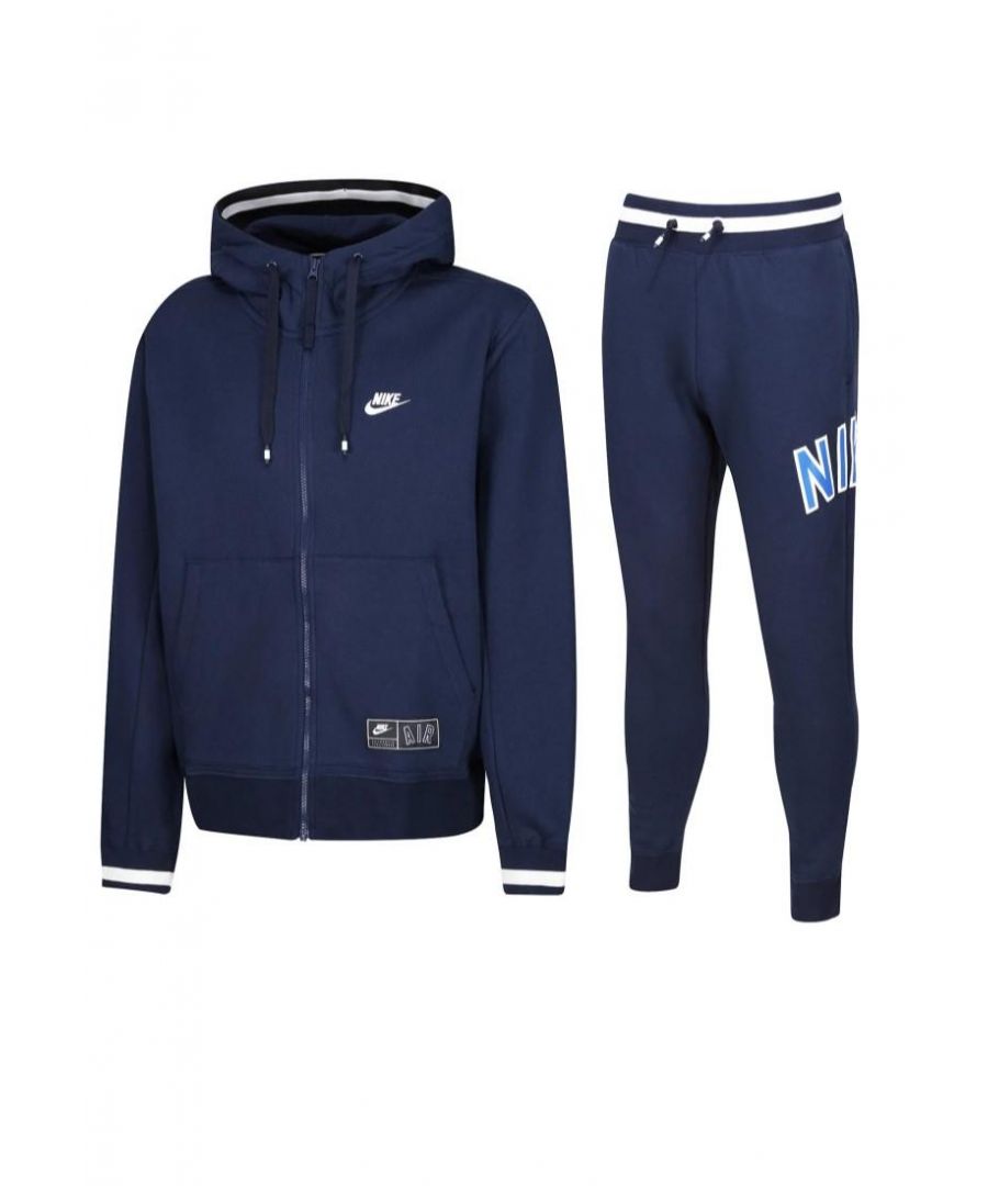 Nike Air Mens Zip Through Tracksuit Set in Navy.  \nDrawstring Hood, Zip Closure, Embroidered Swoosh.   \nPrinted Branding, Split Kangaroo Pouch Pocket.   \nWoven Brand Patch, Ribbed Cuffs & Hem.  \nElasticated Waist Band.   \nElasticated Drawstring Waist Joggers.   \nRibbed Bottom Leg Cuffs for Comfort Fit.