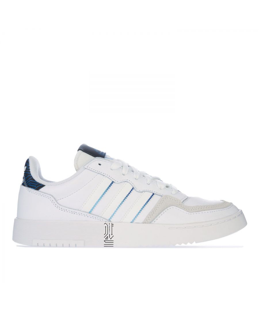 Mens adidas Originals Supercourt Trainers in white.- Leather upper.- Lace fastening. - Padded collar and tongue. - Decorative stitching and overlays. - Heritage designs.- Trefoil logo.- Perforated 3 stripes detail to sides.- Rubber cupsole.- Leather Upper  Textile Lining  Synthetic Sole.- Ref.: FY1325
