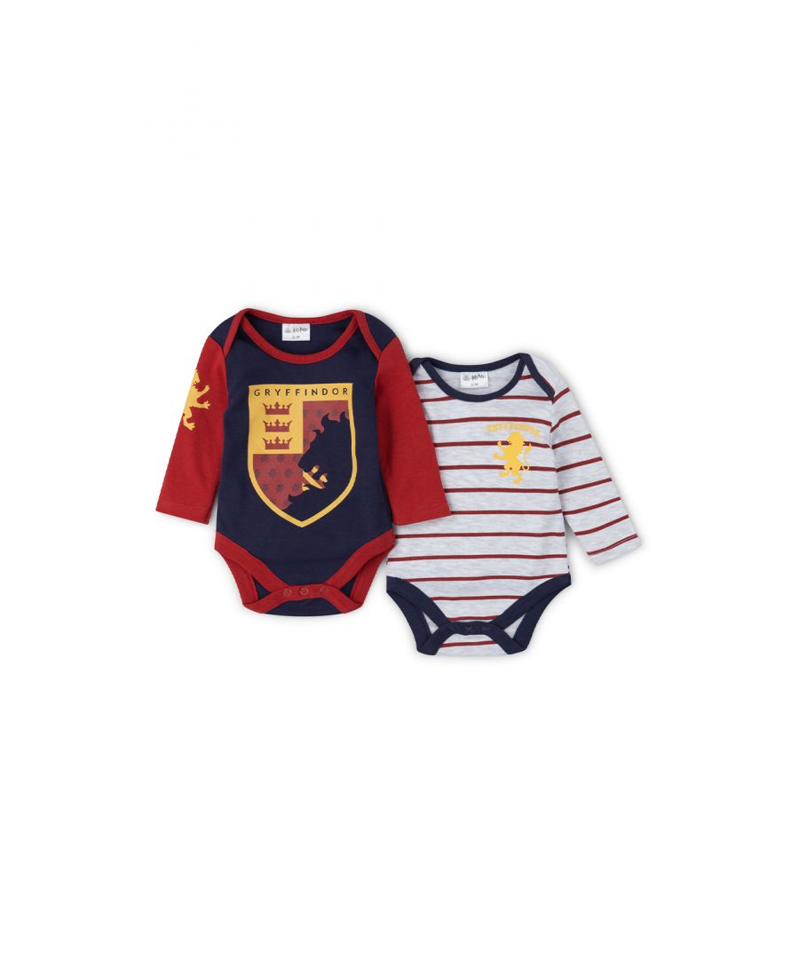 This magical Harry Potter two-pack of bodysuits features the classic Gryffindor colour scheme, with Gryffindor-themed print. The set comes with two long-sleeved bodysuits; one with the Gryffindor crest, and the other is striped with the Gryffindor badge on the chest. Each bodysuit in the pack is cotton with popper fastenings, keeping your little one comfortable. This mystical two-pack set is the perfect gift for the little one in your life.