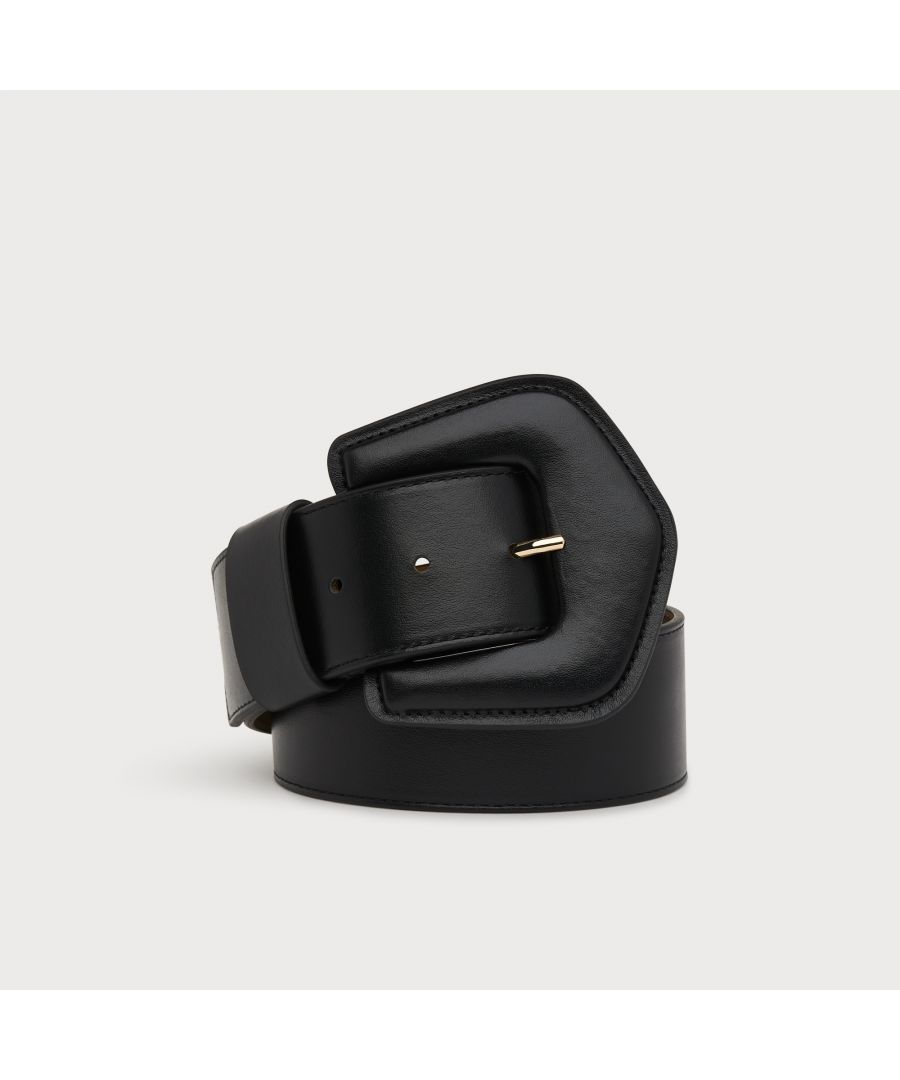 A statement belt in a Black colour. Crafted from beautiful smooth leather, it's a wide style with a leather covered shapely buckle. Use it as a stand-out accessory and to cinch the waist over your favourite dresses and knits.
