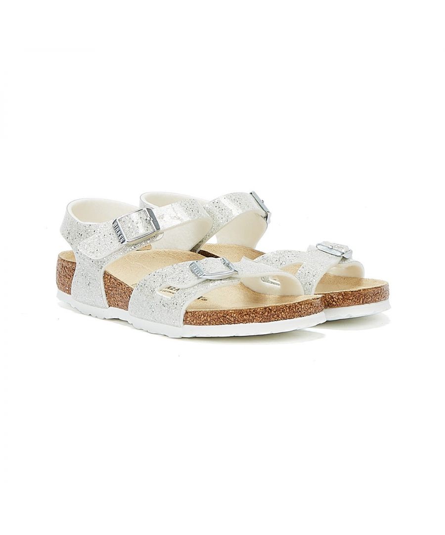 The Rio offers small feet maximum stability, thanks to its heel strap design. Two adjustable buckle straps and Birkenstock's classic contoured cork footbed provide a custom fit, whilst an EVA sole offers lightweight cushioning and shock absorption. This glittery iteration is crafted from premium synthetic Birko Flor®.