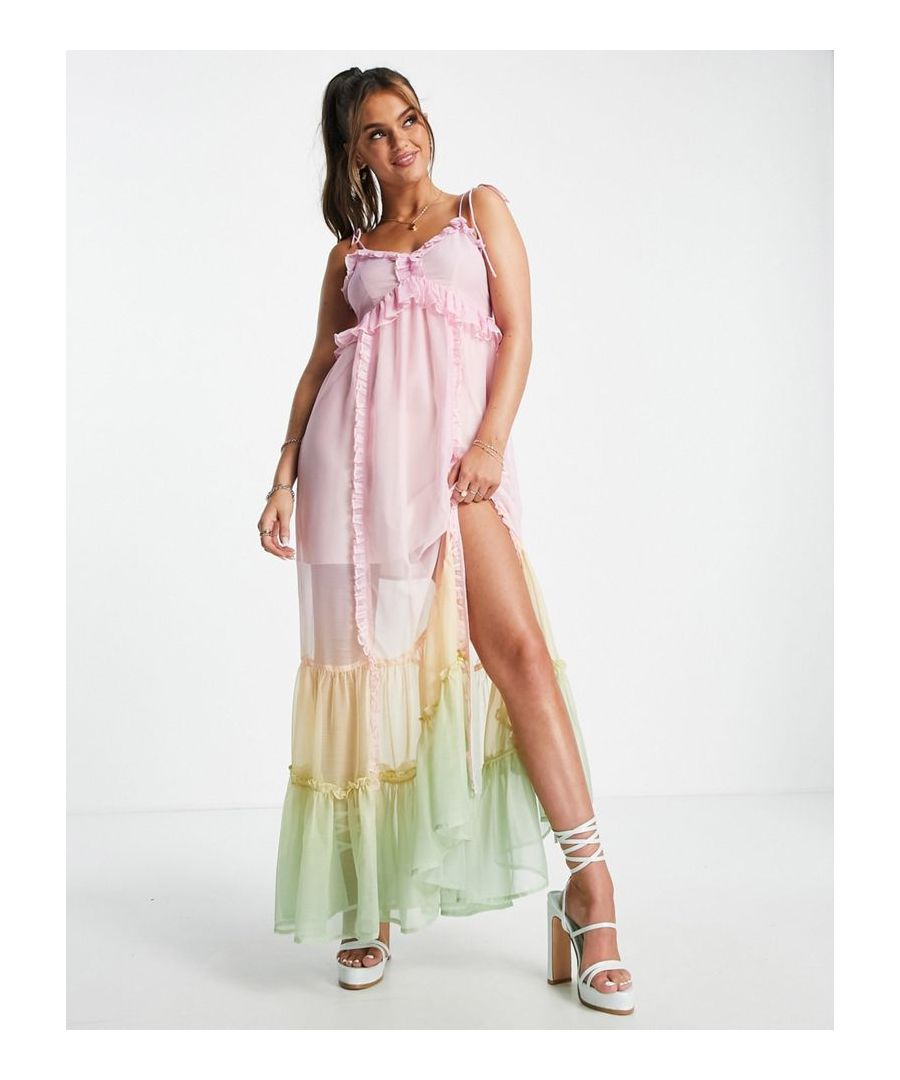 Maxi dress by Miss Selfridge A round of applause for the dress Ombre design V-neck Tie straps Frill details Split hem Regular fit Sold by Asos