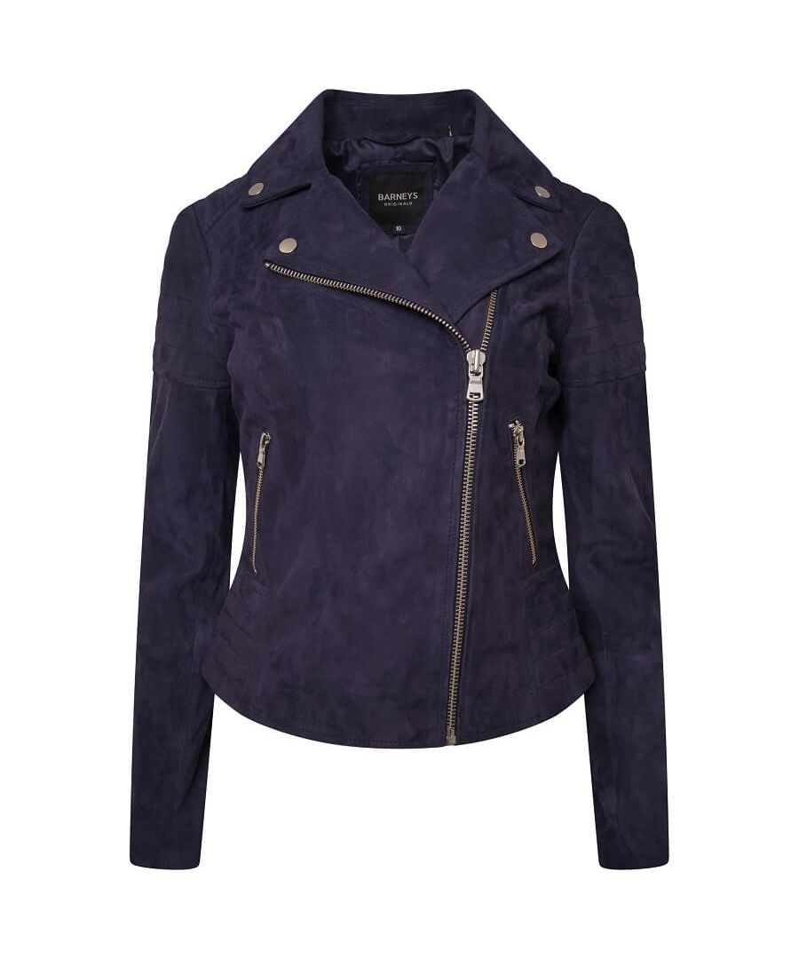 Rich colour and supple suede, don't miss this Barneys Originals real suede biker jacket. Available in Navy, Tan, Stone and Chocolate; easy to style colours for all year round wear. With an asymmetric zipline and ribbed detailing on the shoulders and waist, this classic biker jacket has a little bit more to offer. Designed for comfort, this soft suede has been hand-selected by the team for its comfort.