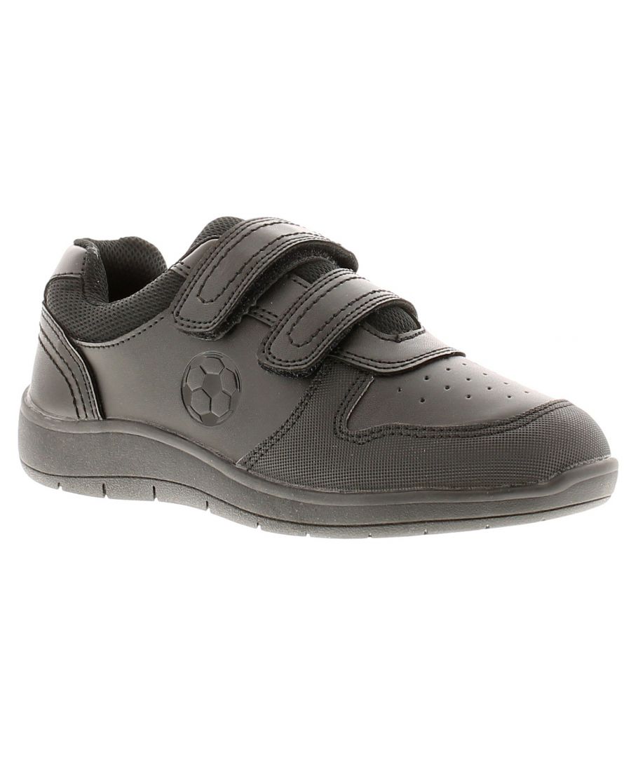 Boys Synthetic Twin Fastening Back To School Shoe. Textile Padded Collar. Hard Wearing For Extra Protection. Memory Foam Padded Sock. Football Emboss To Side Wall On A Tpr Hardwwearing Outsole. Manmade Upper. Fabric Lining. Synthetic Sole.
