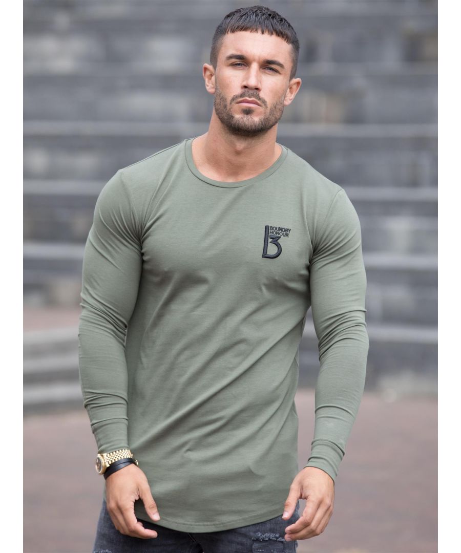 Mens Designer, Crew Neck, Long Sleeve T-Shirt, Muscle Fit, Curved Hem. Embroidery On Chest. Machine Washable.