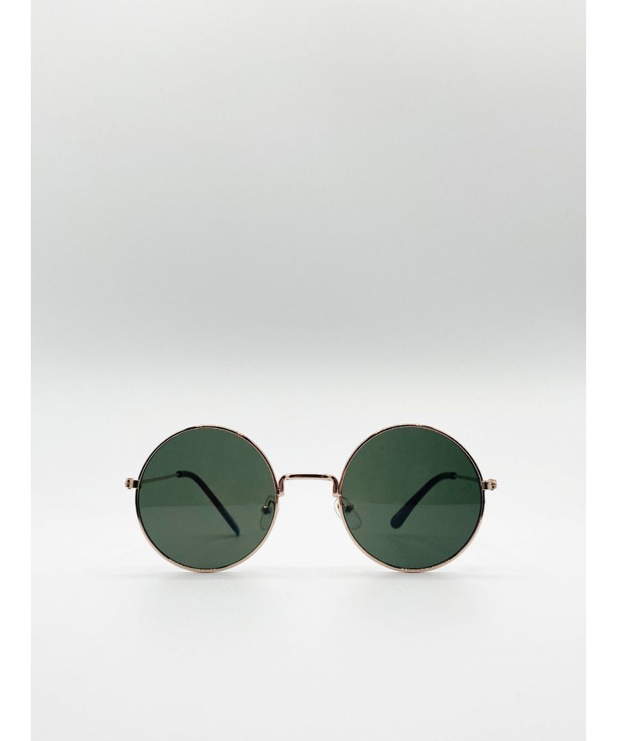 Classic Metal Round Sunglasses With Green Tinted Lenses\nFrame Colour: Gold\nLens Colour: Green Mono\nFrame Material: Metal\nOne Size\nFDA Approved\nUV 400 PROTECTION IN ACCORDANCE WITH 89/686/EEC BS EN ISO 123-1:2013\nSKU: SG90357033