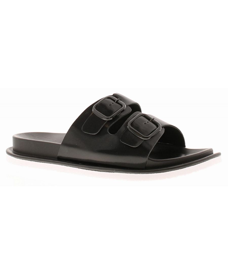 Apache Gianna Womens Flat Sandals Black. Manmade Upper. Fabric Lining. Synthetic Sole. Ladies Womans Holiday Summer Slip On Slider Adjustable Open Toe Casual.