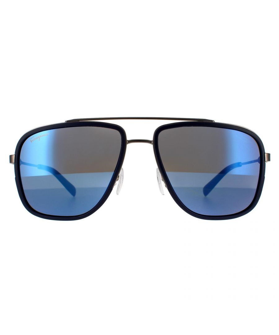 Salvatore Ferragamo Aviator Mens Matte Ruthenium Blue  Flash Blue Sky  Sunglasses SF203S are an aviator design crafted from super lightweight metal. The adjustable nose pads and plastic temple tips provide an all round comfortable fit. Ferragamo's logo can be seen embellished on the temples for brand authenticity.