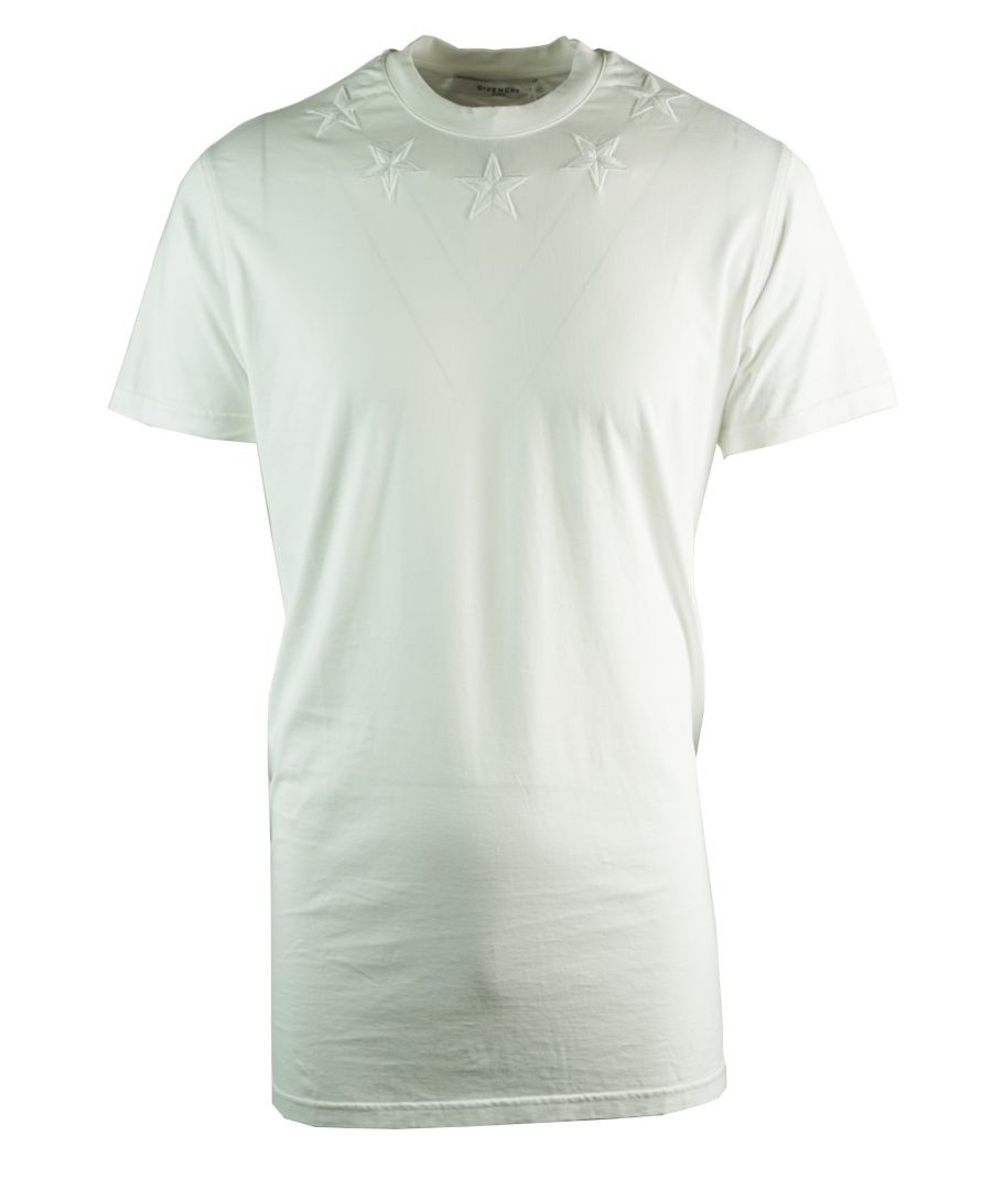 Givenchy BM701L3Y03 100 T-shirt voor heren. Wit T-shirt met korte mouwen. Gestikt sterrendetail rond de kraag. 100% katoen. Givenchy-collectie. Ronde hals