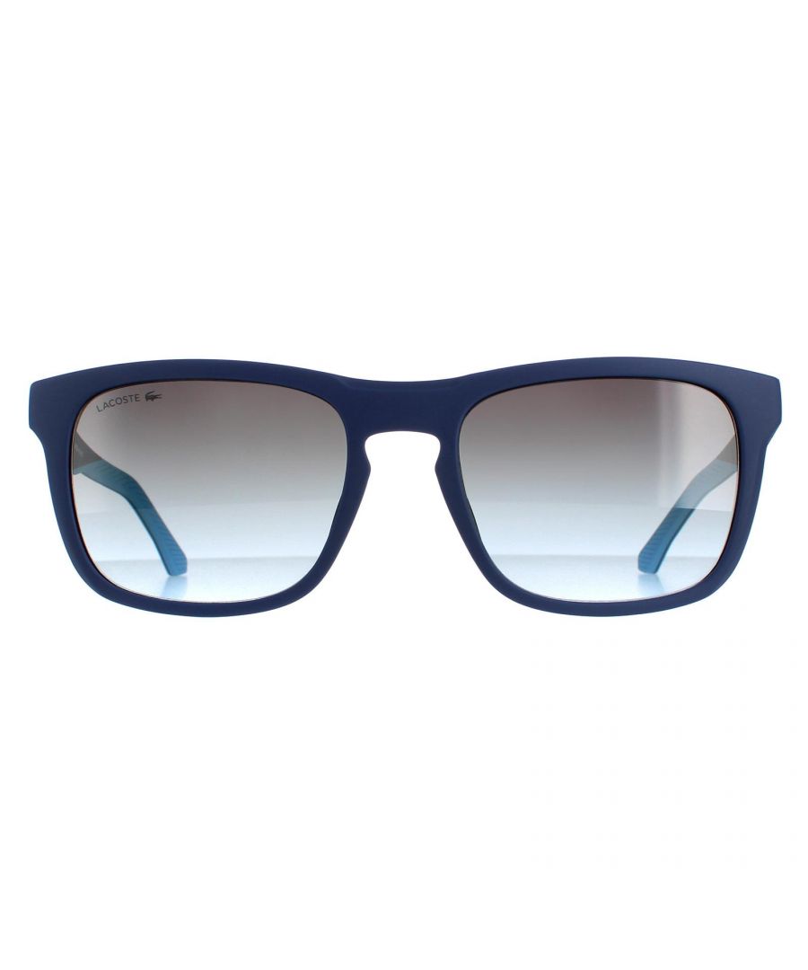 Lacoste Rectangle Unisex Matte Blue Grey Gradient L956S  L956S are a modern rectangle style crafted from lightweight acetate.  Slender temples feature the Lacoste alligator logo for brand authenticity.