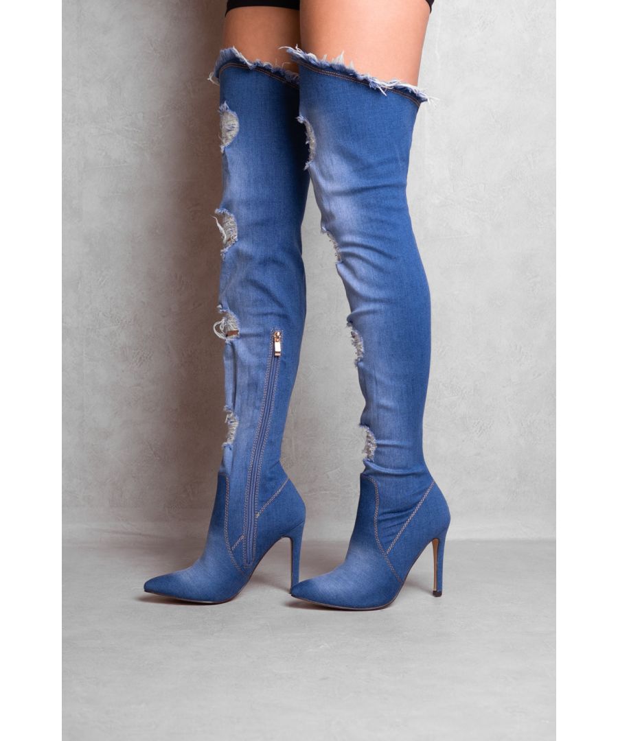 Women's stilletto high heel over the knee thigh high boots in a denim stretch material.
