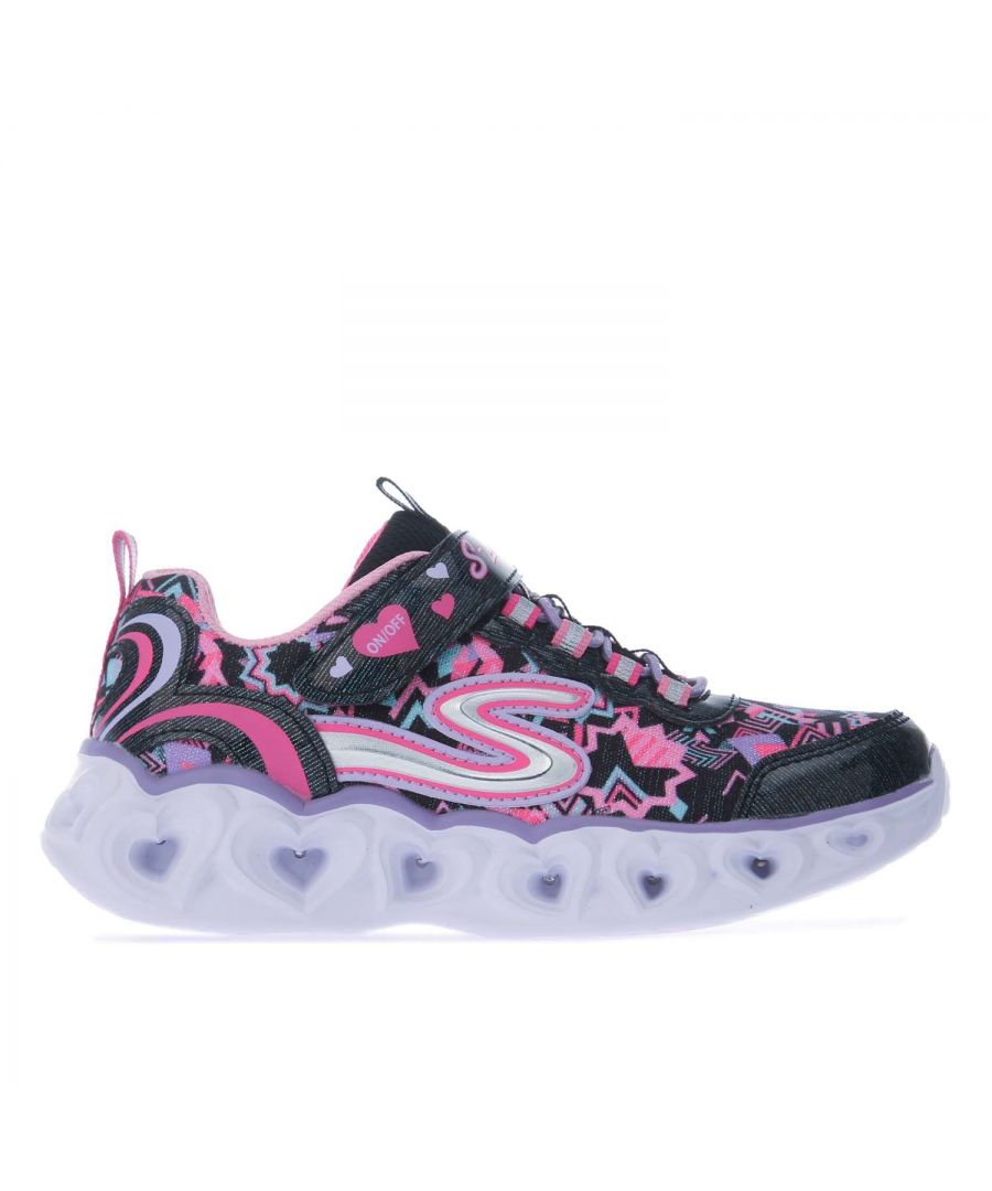 Children Girls Skechers Heart Light Trainers in black.- Synthetic and textile upper.- Bungee laces with velcro strap.- Padded collar and tongue.- Tongue and heel pulls.- 3D sculpted heart shaped detail on the midsole with colourful lights that flash with every step.- Branding to the side.- Cushioned insole.  - EVA midsole - designed for comfort and extra cushioning.- Non-marking outsole.- Synthetic and Textile Upper  Synthetic Lining  Synthetic Sole.- Ref: 201080LBKMT
