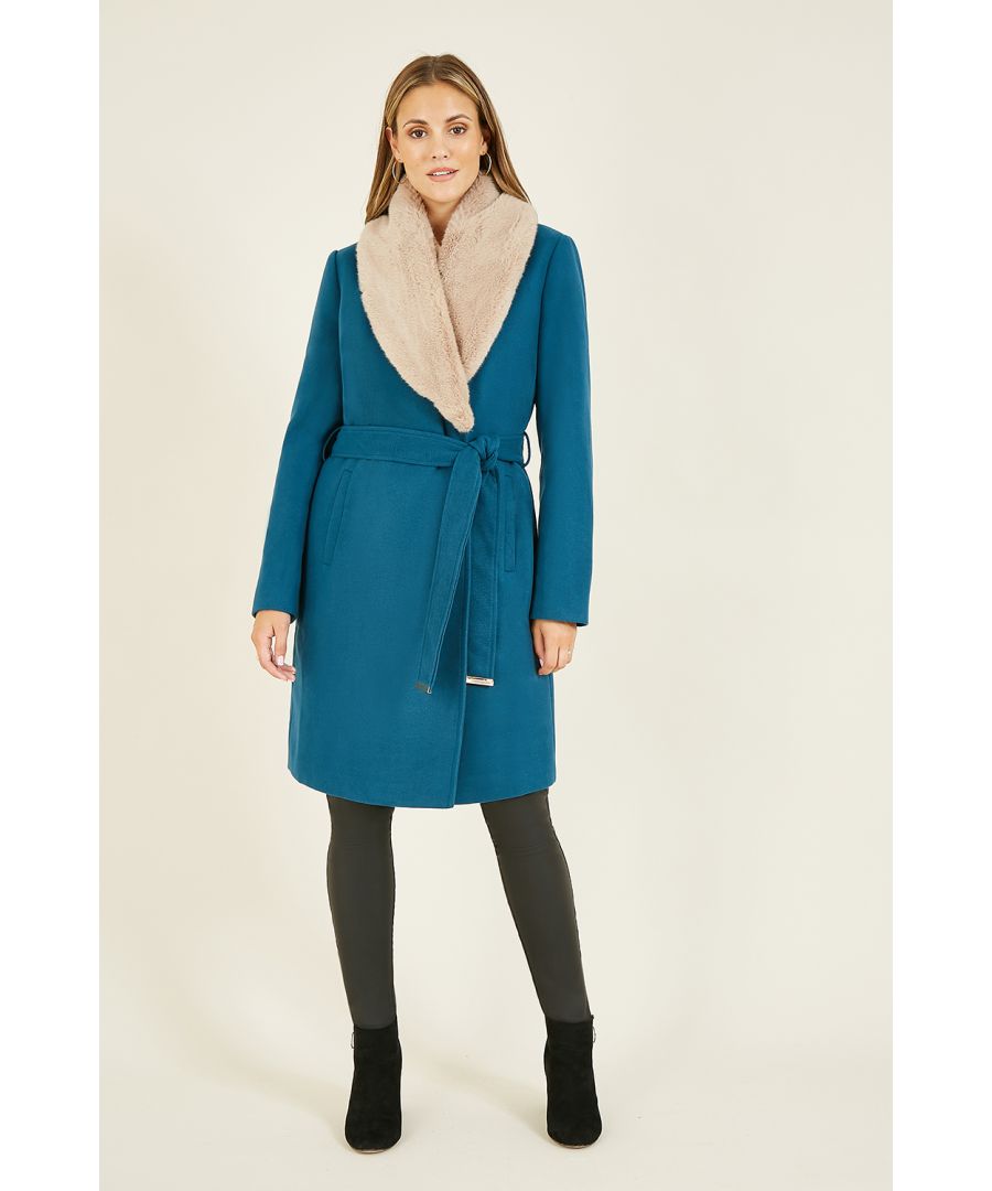 A dreamy fusion of style and comfort, this Yumi Teal Fur Wrap Coat With Heart Lining is the autumn/winter coat you've been searching for. Features a supersoft fur-look statement collar, a thick waist tie belt with gold trim and a button up fastening. Lined with a cute, all-over heart print.