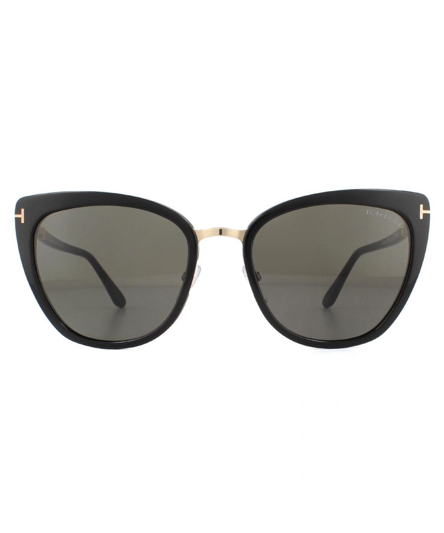 Tom Ford Sunglasses Simona FT0717 01A Shiny Black Rose Gold Smoke Grey are an elegant cat eye design with a plastic frame front and matching temple tips. Signature Tom Ford T logos wrap around the outer corners and along the temples.