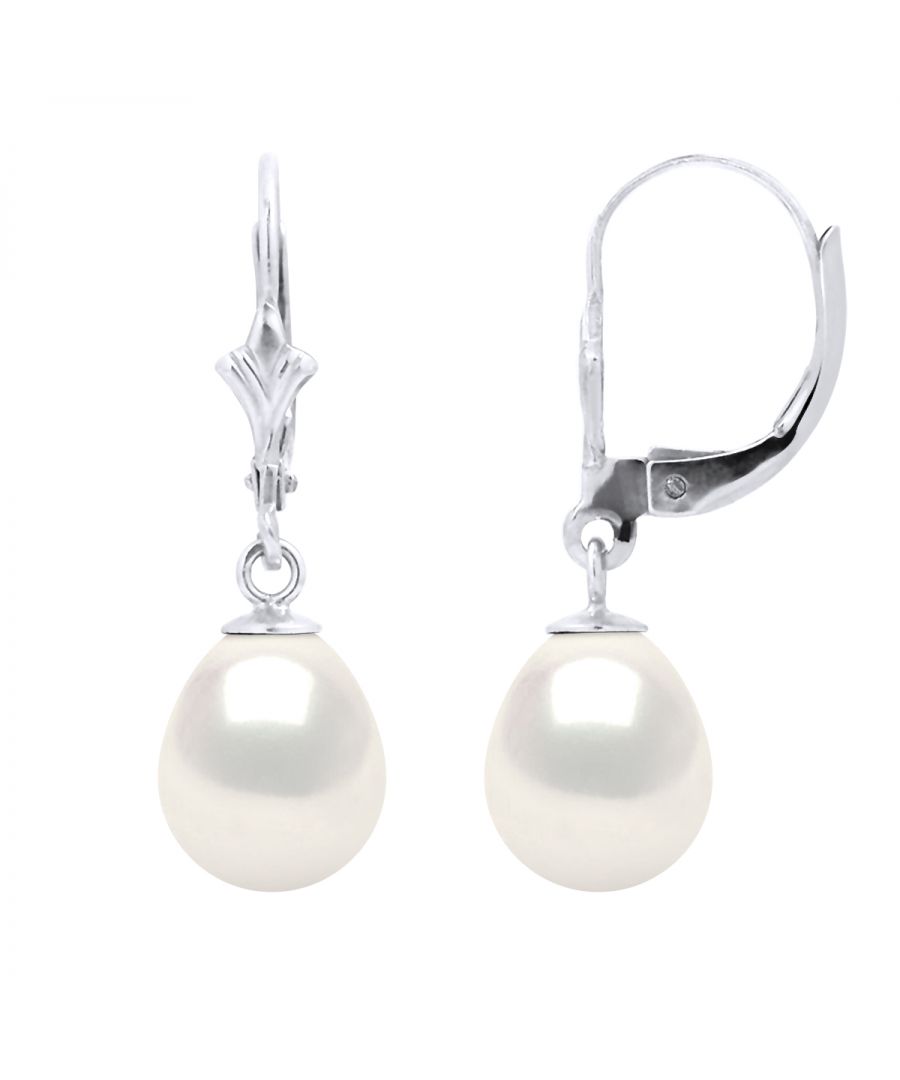 Earrings of White Gold 750 and true Cultured Freshwater Pearls Pear Shape 8-9 mm , 0,31 in - Natural White Color break system - Our jewellery is made in France and will be delivered in a gift box accompanied by a Certificate of Authenticity and International Warranty