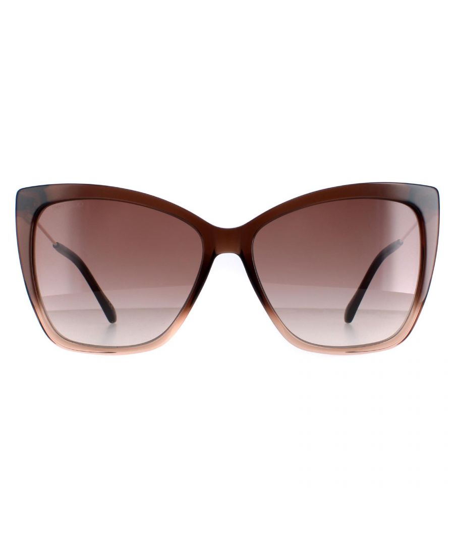 Jimmy Choo Cat Eye Womens Brown Shaded Beige Brown Gradient Seba/S  Sunglasses are a sleek and sophisticated accessory for any fashion-forward individual. These sunglasses feature a classic cat eye frame design made of high-quality acetate. The temples are adorned with the Jimmy Choo logo, adding a touch of luxury to the overall design. The Seba/S sunglasses are perfect for those looking to make a statement with their eyewear and will complement any outfit, whether dressed up or down.