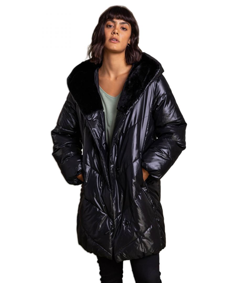 Roman Women's Hooded Long Quilted Coat|Size: 14|black