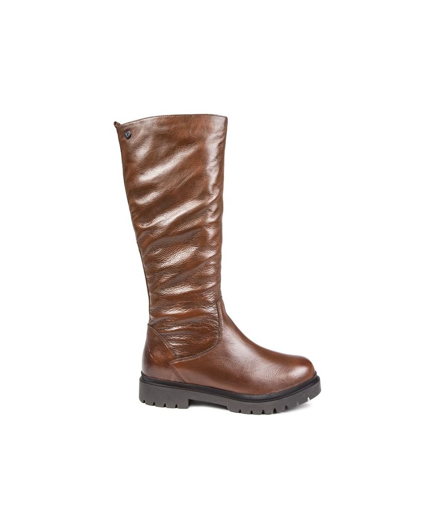 Women's Brown Caprice 25552 25512 Zip-up Over Knee Boot With A Slouch Leather Upper Featuring Panel Detailing, And Metal Branded Pin On The Cuff. These Ladies' Full-length Boots Have A Padded Textile Lining, Reinforced Heel, And Dark Brown Synthetic Sole.