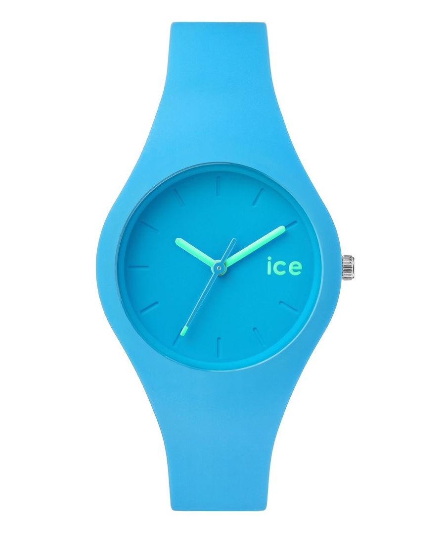 This Ice Watch Ice Ola Analogue Watch for Women is the perfect timepiece to wear or to gift. It's Blue 34 mm Round case combined with the comfortable Blue Silicone will ensure you enjoy this stunning timepiece without any compromise. Operated by a high quality Quartz movement and water resistant to 10 bars, your watch will keep ticking. Classic and charming  watch perfect for every occasion. High quality 19 cm length and 14 mm width Blue Silicone strap with a Buckle. Case diameter: 34 mm, case thickness: 8 mm, case colour: Blue and dial colour: Blue.