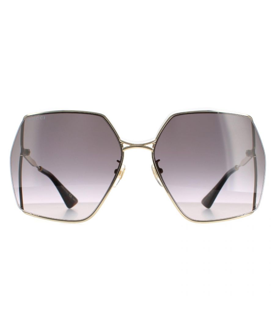 Gucci Square Womens Gold  Grey Gradient GG0817S  Sunglasses are a lightweight and minimal oversized design with a metal frame. One of the large lenses features a metal interlocking GG logo and slim temples are engraved with the text Gucci logo.