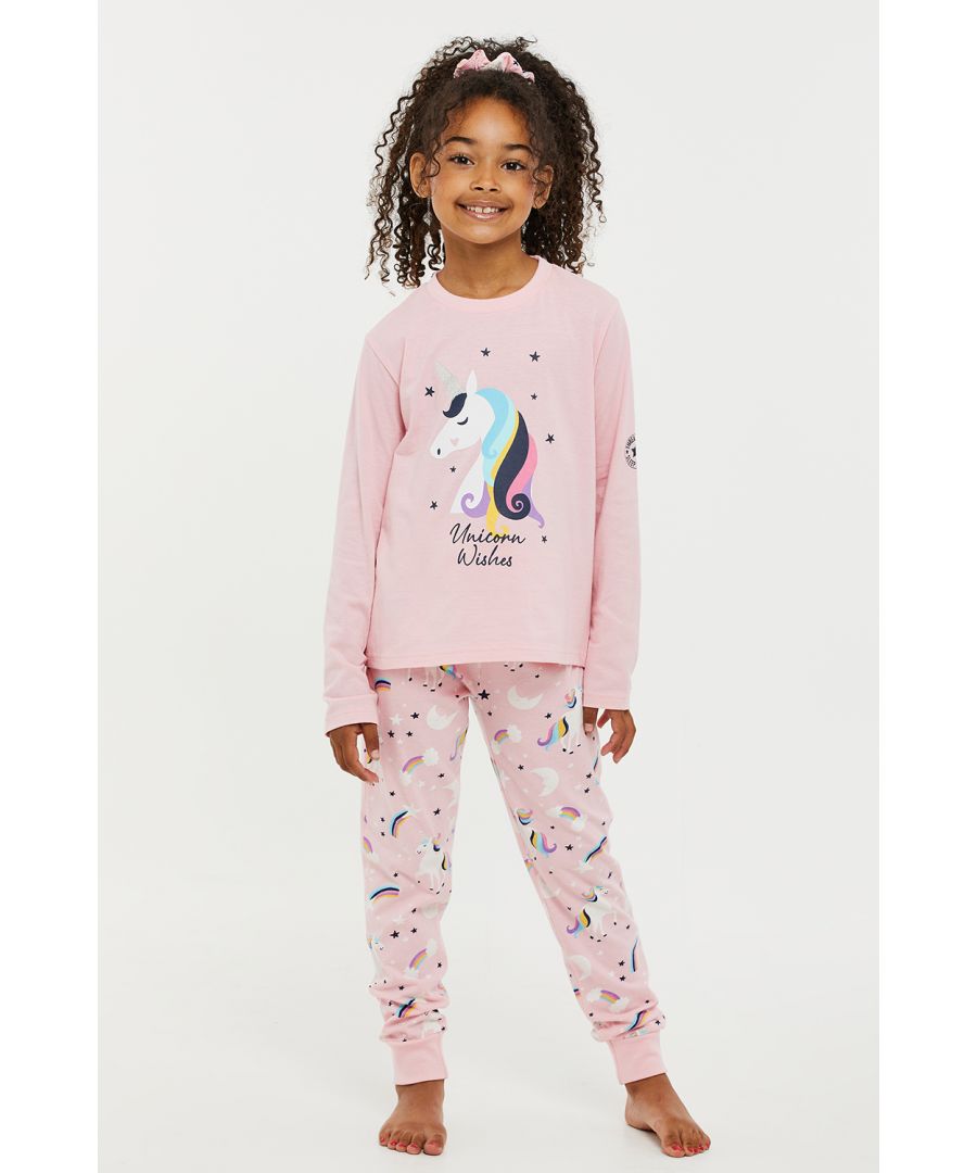 This pyjama set from Threadgirls features a long sleeve t-shirt with a crew neck and a front print. The printed long bottoms have an elasticated waistband with an adjustable drawstring. A scrunchie in matching print is also included. Made from 100% cotton to ensure a comfortable night’s sleep, other styles are also available.