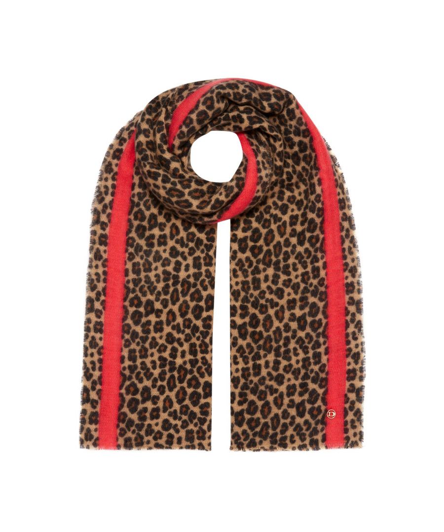 There's a key focus on layering this season, and this scarf is sure to wrap-up your look. This beautifully soft style features a classic leopard print with an orange trim.