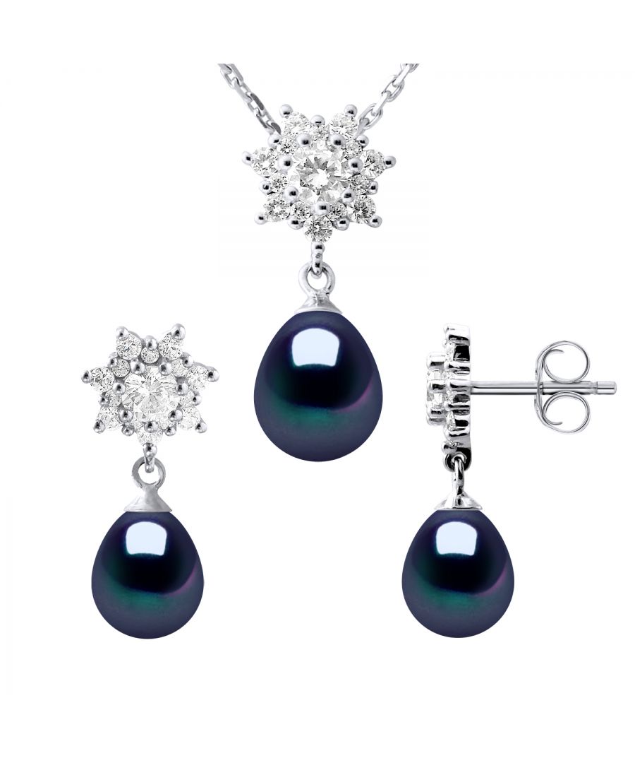 SET: Pearl Necklace Cultured Freshwater 8-9mm pear - BLACK - Star Pattern Oxide zircomium - Knitwear convict 925 Thousandth rhodium - Length 42 cm & Earrings Freshwater Cultured Pearl pear 7 -8 mm - BLACK - Reason Solitaire zirconium oxides - strollers System 925 thousandth - a silicone Strollers Pair will be offered on the purchase - Delivered in a case with a certificate of authenticity and an international warranty - All our jewelry are manufactured in France.