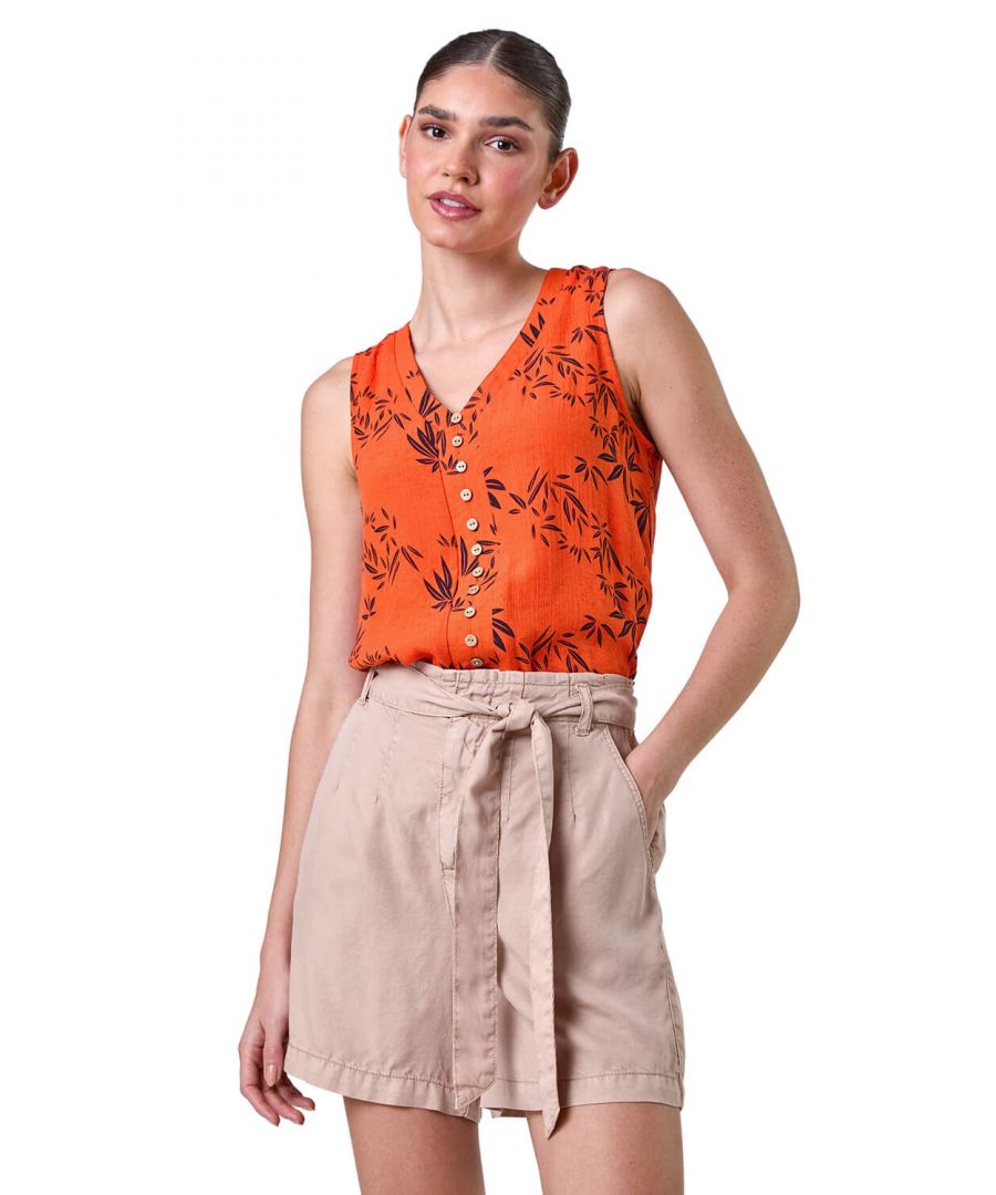 Roman Womens Leaf Print Button Detail Vest Top - Orange - Size 20 UK