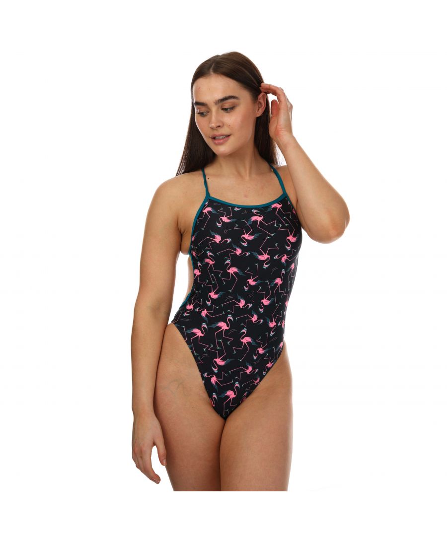 Womens Speedo V-Back Swimsuit in blue pink.- V-back with extra high leg.- Fully-lined front.- Allover flamingo digital print.- 100% Chlorine resistance.- Quick dry.- Body: 53% Polyester  47% PBT Polyester. Lining: 100% Polyester.- Ref: 812843H155Please note that returns will only be accepted if the hygiene label is still attached to the product.