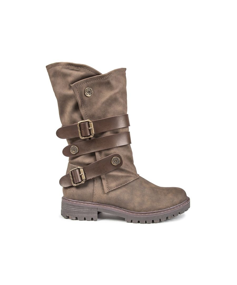 Women's Brown Blowfish Rider Zip-up Mid-calf Boots With Leather Effect Synthetic Upper Featuring Decorative Outer Button Detail And Triple Buckled Straps. These Ladies' Biker Inspired Boots Have A Cosy Soft Textile Lining, Cushioned Foam Insole, And Chunky Dark Grey Sole With Lugged Tread.
