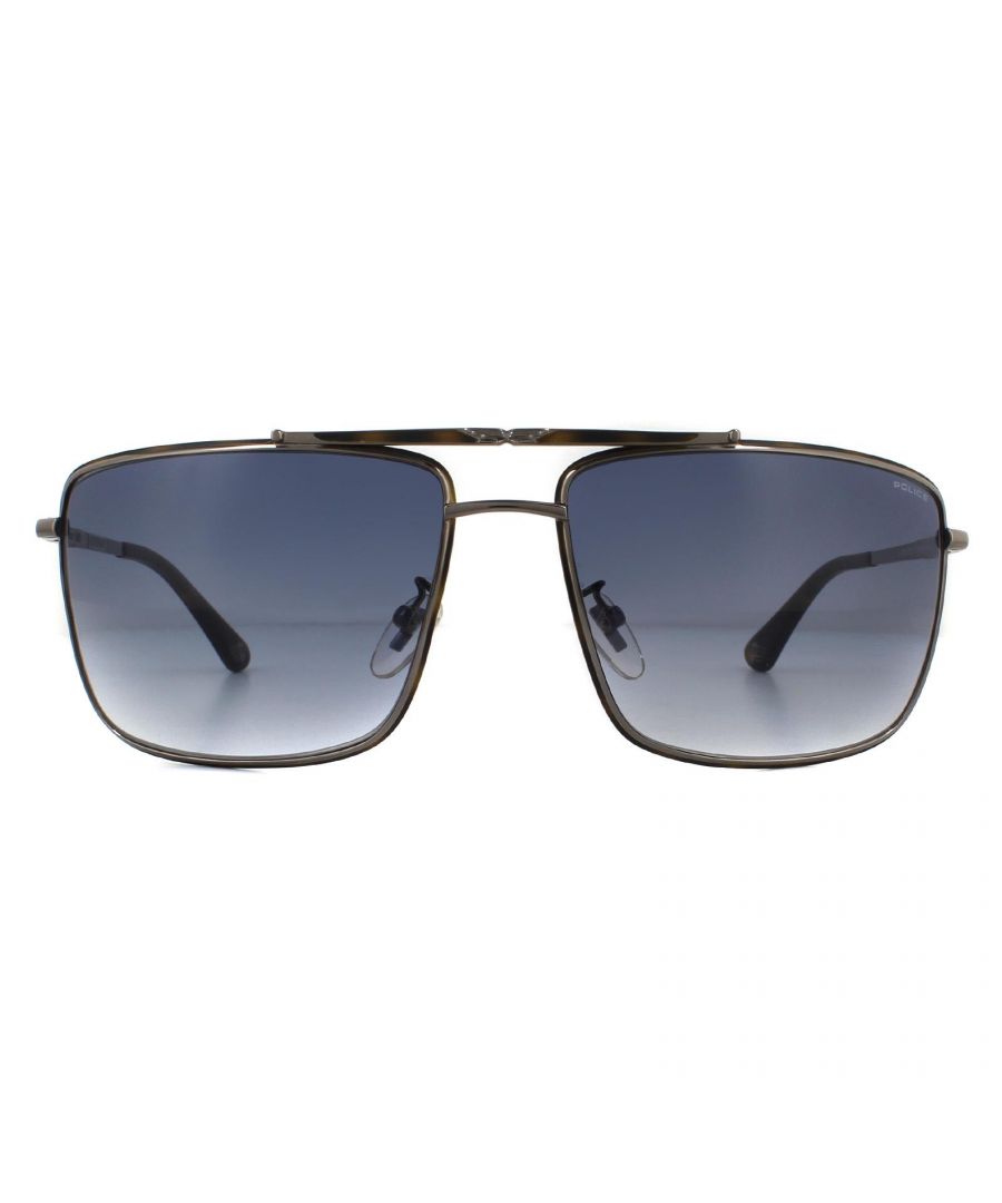 Police Sunglasses SPL965 Origins 11 0508 Shiny Gunmetal Smoke Grey Gradient  are a rectangular aviator style crafted from thin metal. The top bar and slim temples feature the gothic Police P logo. The metal frame is finished with plastic temple tips and nose pads for comfort.
