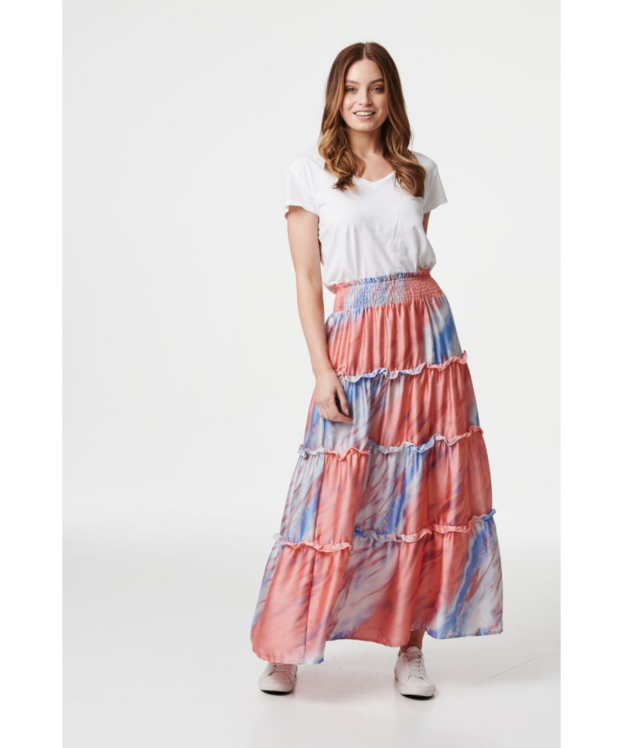 Add a splash of colour to your wardrobe with this tiered maxi skirt. With a high shirred waist with frilled edges, a tiered a-line skirt and a flattering maxi length skirt. Style with a white top tucked in and a pair of nude heels for a summery evening look.