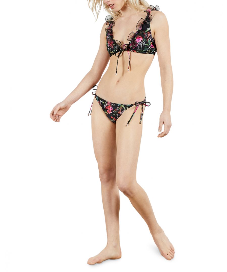 Plunge Bikini Top With Pleated Mesh Ruffle