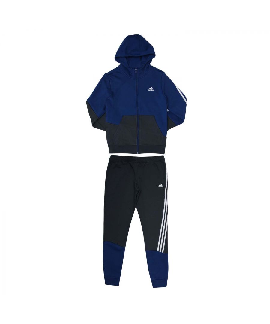 Junior Boys adidas Winterized Warm Tracksuit in blue.- Jackets:- Ribbed crew neck.- Ribbed cuffs and hem.- Long sleeves.- Kangaroo pocket.- Fleece fabric.- Regular fit.- Main Material: 57% Cotton  30% Polyester (Recycled)  13% Cotton (Recycled). Rib Part: 95% Cotton  5% Elastane. - Pants: - Drawcord on elastic waist.- Slip-in pant pockets.- Ribbed cuffs.- Regular fit with tapered legs.- Main Material: 57% Cotton  30% Polyester (Recycled)  13% Cotton (Recycled). Rib Part: 95% Cotton  5% Elastane. - Ref: HB5047J