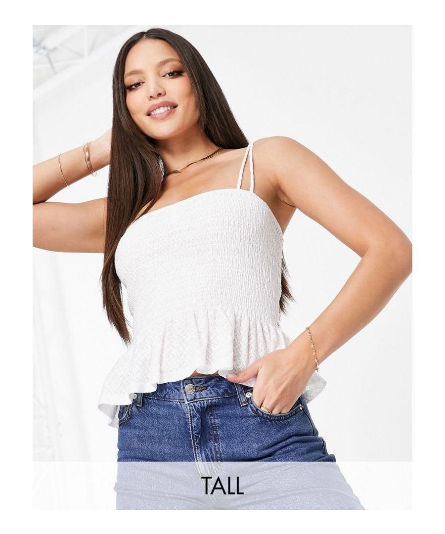 Tall top by Topshop Love at first scroll Square neck Fixed straps Peplum hem Regular fit Sold By: Asos