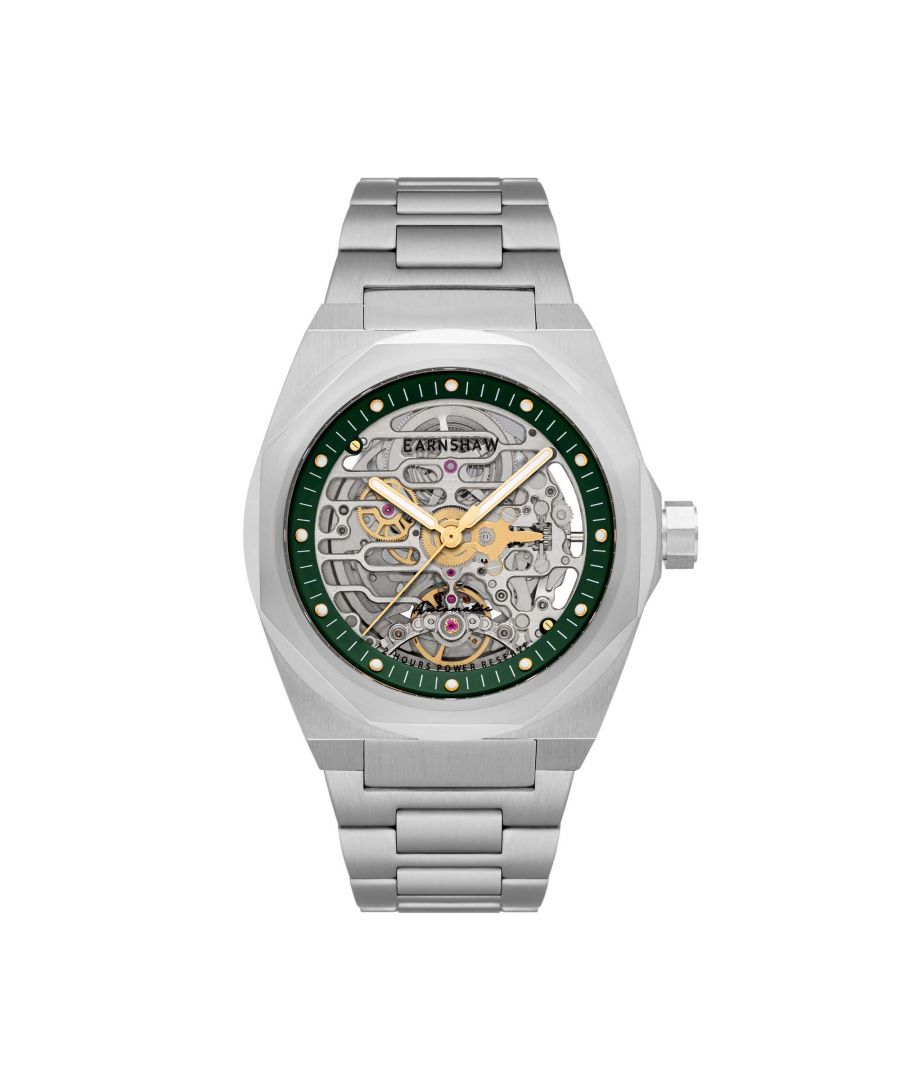 Collection: Discovery Clark High Beat 72 Power Reserve Automatic Skeleton\nModel: Es-8228-44\nMovement: Automatic Skeleton \nCase Material: Stainless Steel\nCase Diameter (mm): 44\nCase Thickness (mm): 13\nCase Shape: Round\nCase Color: Stainless Steel\nDial Color: Green\nBand: Stainless Steel Bracelet\nBand Color: Stainless Steel\nBuckle: Deployment Buckle With Push Buttons\nBand Width (mm): 28\nWater Resistance: 5 Atm\nWatch Weight (g): 200\nWarranty: 2 Years International Warranty