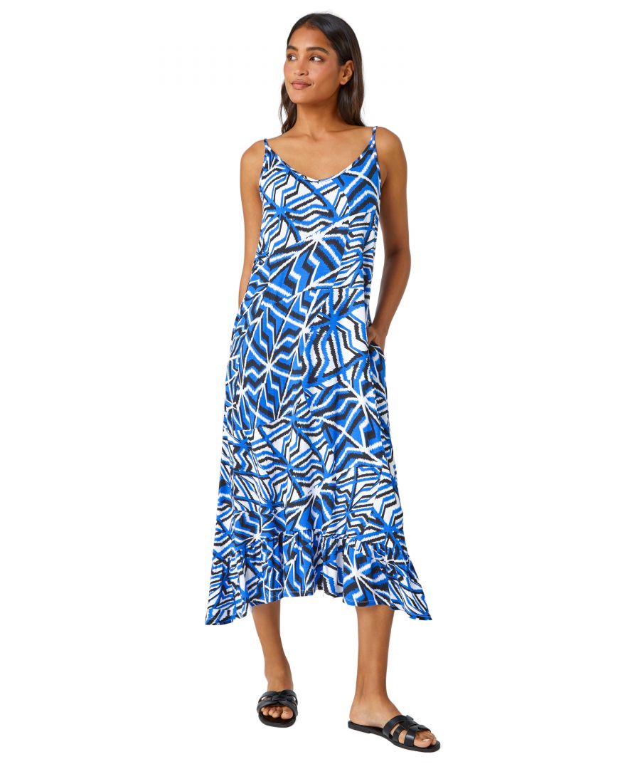 Roman Womens Abstract Print Pocket Midi Dress - Blue - Size 10 UK