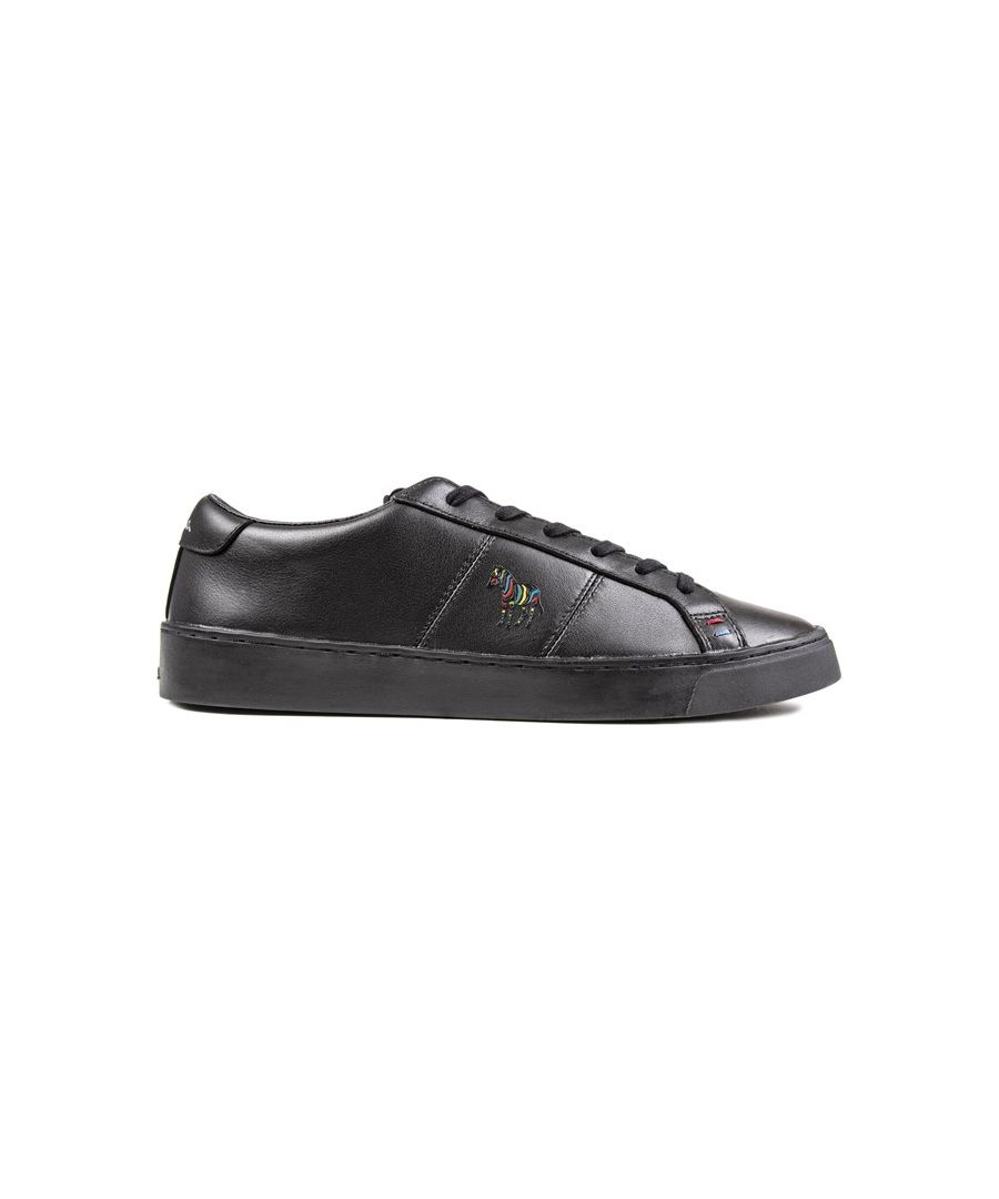 Men's Black Paul Smith Zach Lace-up Trainers With Smooth Leather Upper Featuring Iconic Zebra Logo With Rainbow Stripes, And Embossed White Branding To The Heel Pad. These Premium Monochrome Sneakers Have Invisible Eyelets, A Cushioned Footbed, And Branded Rubber Sole.