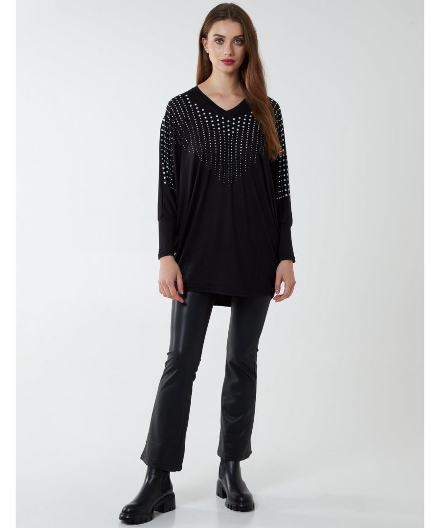 Stand out from the crowd with this embellished oversized top. Featuring an oversized fit this super comfortable top will brighten your night-out outfit. Match with skinny jeans to keep it chic.\n95% Polyester, 5% Elastane. Hand wash. V neckline. Long sleeve. Unfastened. This item is a ONE size that fits UK 8-14.