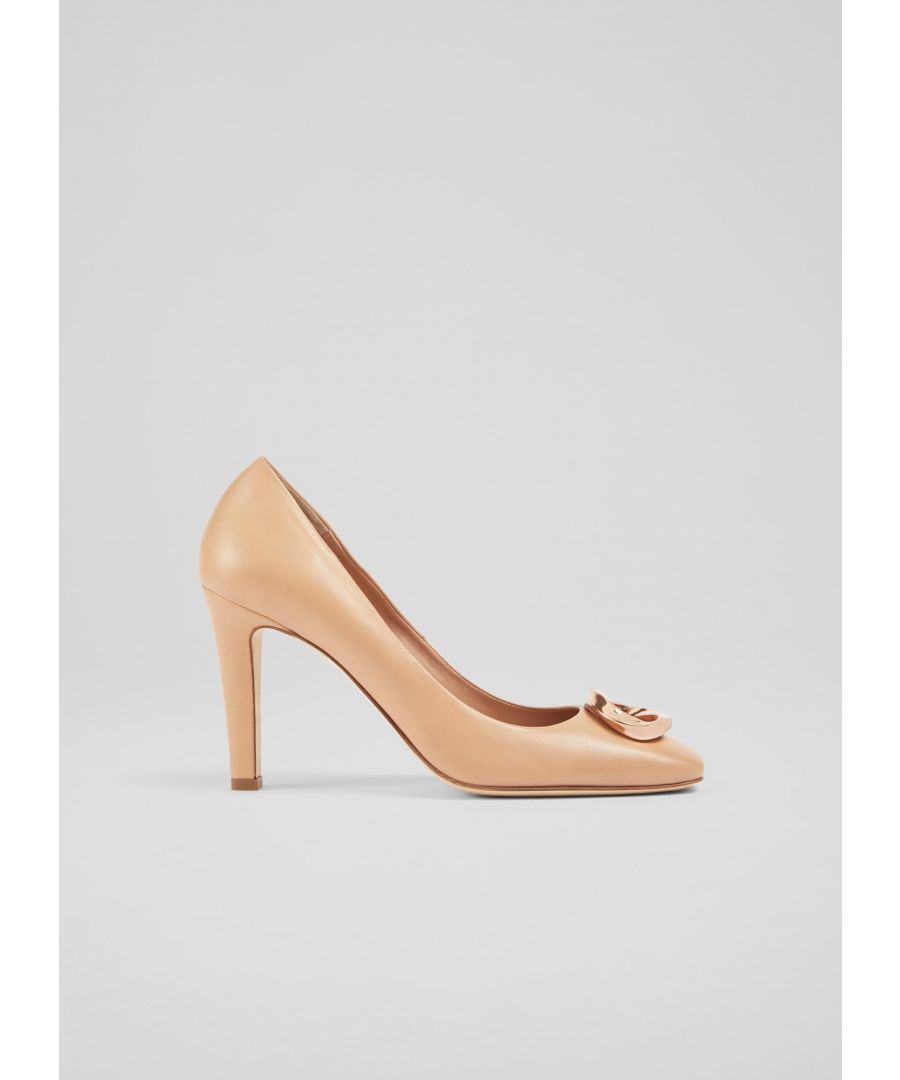 A high-heeled court with chic detailing, our Evelyn courts feel a little dressier than the classic styles. Beautifully-crafted in Italy from buttery camel leather, they have a round toe, a gold eternity ring embellishment - which is exclusive to LKB - a sleek shape and an elegant stiletto heel. Wear them to work or for spring occasions.