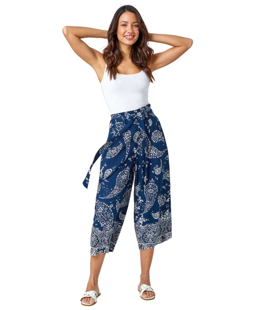 Roman Womens Paisley Print Wide Leg Cropped Trousers - Blue - Size 20 UK