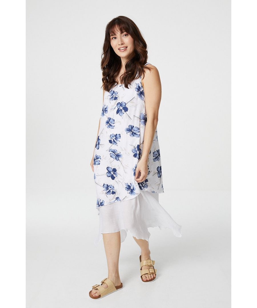 Every dress collection needs a lightweight floral swing dress for casual summer weekends and holidays. With a round scoop neck, wide cami straps, a relaxed fit and an asymmetric layered hem sitting below the knee. Pair with low sandals for a dressed down daytime look.